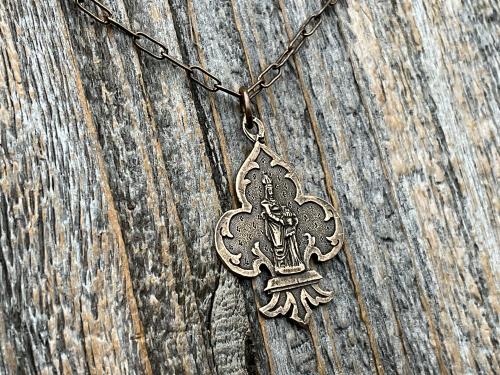 Bronze St Anne Medallion Necklace, Fleur de Lis Pendant, Antique Replica Medal, Patron Saint of Grandmothers, Mother’s Day Gift for Grandma