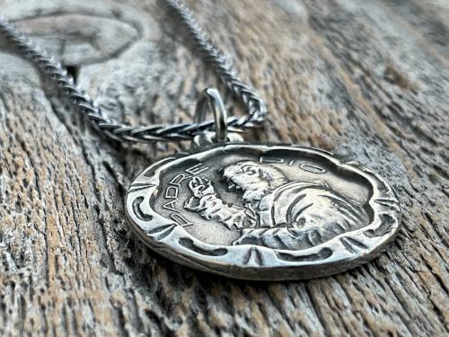Sterling Silver Saint Padre Pio Antique Replica Medal Pendant Necklace, Saint Pius of Pietrelcina Medallion, Pray Hope and Don't Worry