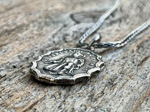 St. Peregrine Pray for Us Sterling Silver Antique Replica Medal Necklace - Patron Saint of Cancer - Saint Peregrinus Laziosi, St Pellegrino