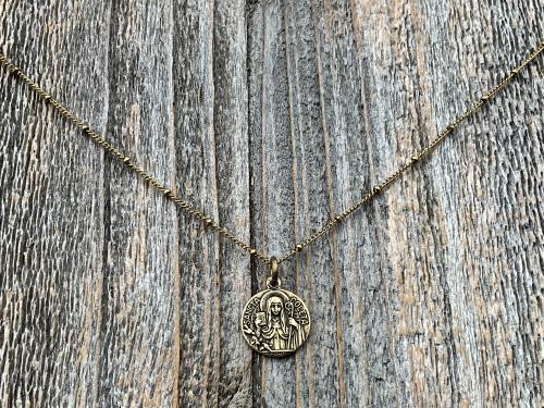 Fertility Saint Colette of Corbie Small Gold Antique Replica Medal and Necklace, By French Artists Penin & Karo, 2-sided Medallion Charm