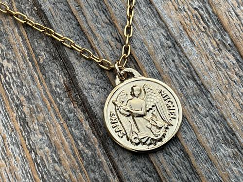 Gold St Michael Medallion Necklace, Antique Replica French Saint Michael the Archangel Pendant, Saint Michel from France, By PCH Chambault