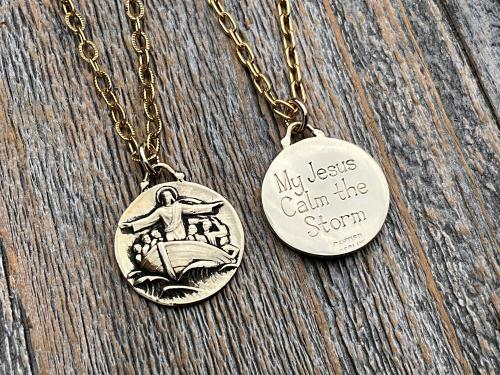 Gold Jesus Calms the Storm Medallion and Necklace, Antique Replica of a One of a Kind Rare Pendant, Hand Engraved "My Jesus Calm the Storm"