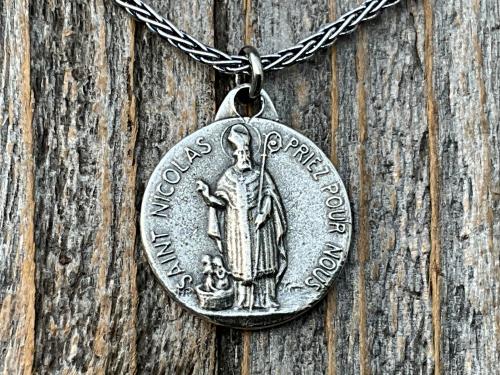 Sterling Silver St Nicolas French Medallion Necklace, Antique Replica Saint Nicholas Medal, Patron Saint of Children, France, Penin and Karo