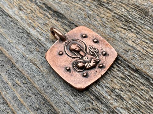 Antiqued Copper Mary Mother & Baby Jesus Medallion Necklace, Antique Replica of French Artist Elie Pellegrin Smaller Medal with Fleur de Lis
