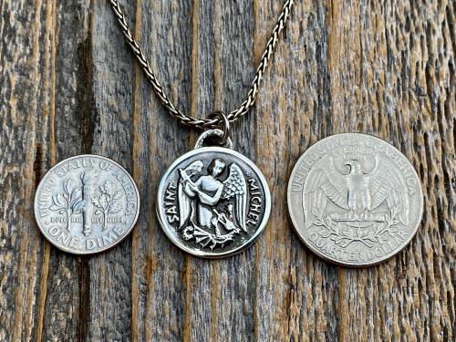 Sterling Silver St Michael Medal Necklace, Antique Replica French Saint Michael the Archangel Pendant, Saint Michel from France by Chambault