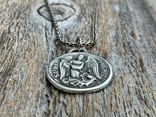 Sterling Silver St Michael Medal Necklace, Antique Replica French Saint Michael the Archangel Pendant, Saint Michel from France by Chambault