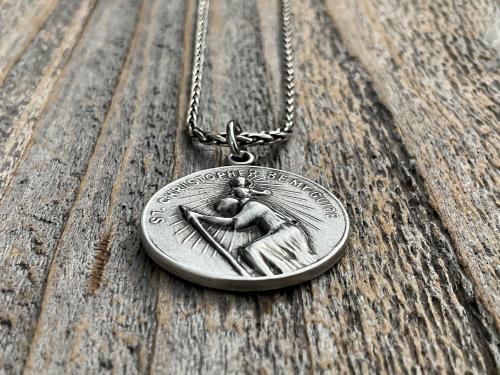 Sterling Silver Archangel Raphael & St Christopher Medallion Necklace, Antique Replica Protection 2-sided Medal, Saint Healing, Saint Safety