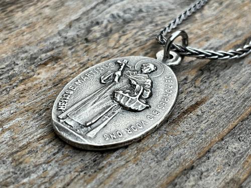 Sterling Silver Saint Martin of Porres Medallion Necklace, Antique Replica, Oval 2-sided Martinus de Porres & Queen of the Holy Rosary Medal