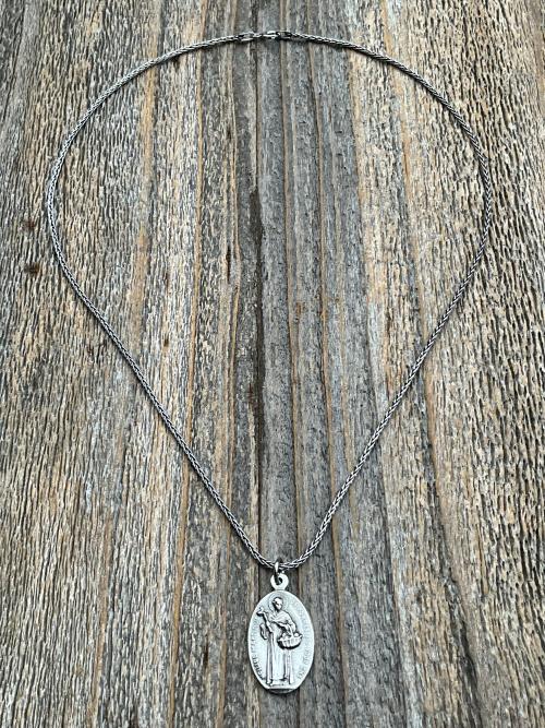 Sterling Silver Saint Martin of Porres Medallion Necklace, Antique Replica, Oval 2-sided Martinus de Porres & Queen of the Holy Rosary Medal