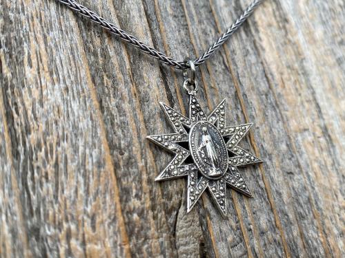 Sterling Silver Sun Shaped Miraculous Medal Necklace, Antique Replica, Our Lady of Miracles, Blessed Virgin Mary, Our Lady of the Miracle
