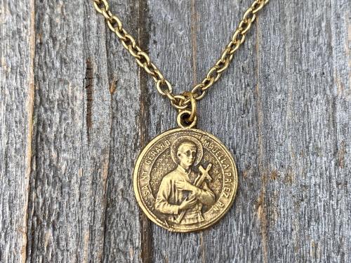 Antiqued Gold Saint Gerard Majella Medal Necklace, French artist Penin, Antique Replica, Patron Saint of Expectant Mothers, of Fertility