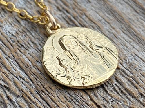 Fertility Saint Colette of Corbie Small Gold Antique Replica Medal and Necklace, By French Artists Penin & Karo, 2-sided Medallion Charm