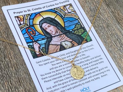 Fertility Saint Colette of Corbie Small Gold Antique Replica Medal and Necklace, By French Artists Penin & Karo, 2-sided Medallion Charm