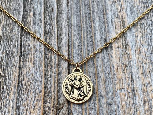 Antiqued Shiny Gold St Michael Medallion Necklace, Antique Replica French Saint Michael the Archangel, Saint Michel from France, By PCH