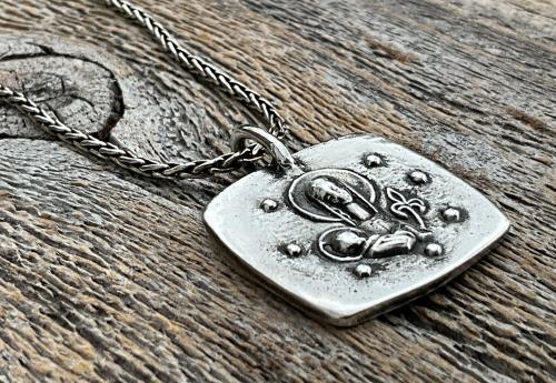 Sterling Silver Mother Mary and Baby Jesus Medallion Necklace, Antique Replica French Artist Elie Pellegrin Smaller Medal with Fleur de Lis
