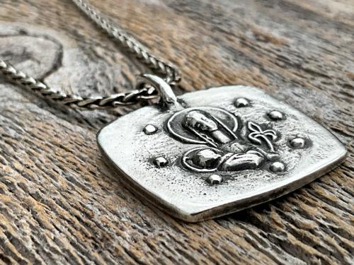 Sterling Silver Mother Mary and Baby Jesus Medallion Necklace, Antique Replica French Artist Elie Pellegrin Smaller Medal with Fleur de Lis