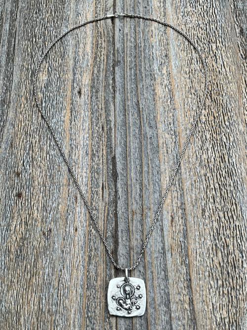 Sterling Silver Mother Mary and Baby Jesus Medallion Necklace, Antique Replica French Artist Elie Pellegrin Smaller Medal with Fleur de Lis