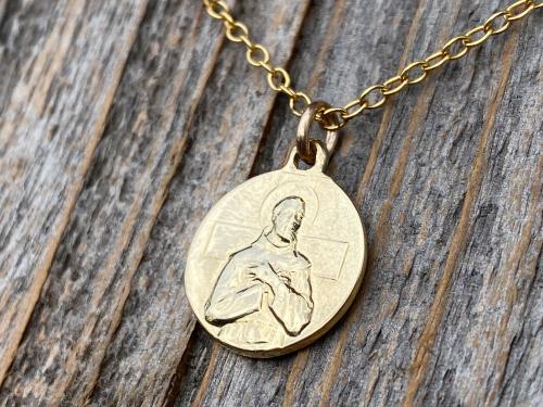 Fertility Saint Colette of Corbie Small Gold Antique Replica Medal and Necklace, By French Artists Penin & Karo, 2-sided Medallion Charm