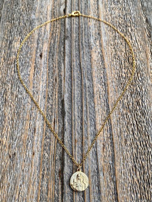 Fertility Saint Colette of Corbie Small Gold Antique Replica Medal and Necklace, By French Artists Penin & Karo, 2-sided Medallion Charm