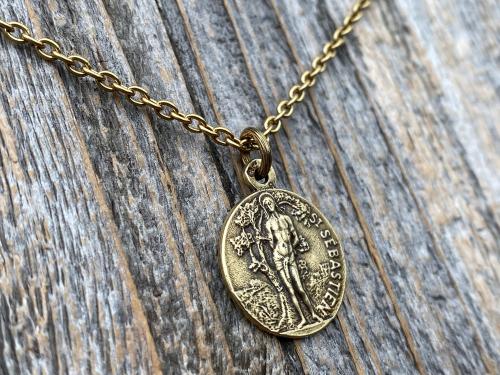 Antiqued Gold Saint Sebastian Medal Necklace, Patron Saint Athletes Soldiers, Antique Replica of Rare French St Sebastien Medallion Pendant