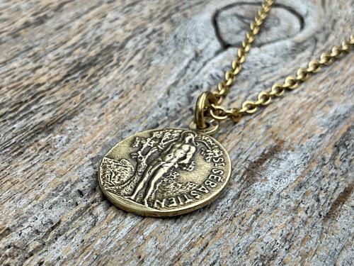 Antiqued Gold Saint Sebastian Medal Necklace, Patron Saint Athletes Soldiers, Antique Replica of Rare French St Sebastien Medallion Pendant