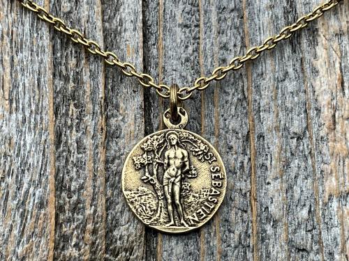 Antiqued Gold Saint Sebastian Medal Necklace, Patron Saint Athletes Soldiers, Antique Replica of Rare French St Sebastien Medallion Pendant