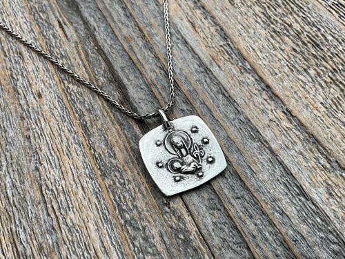 Sterling Silver Mother Mary and Baby Jesus Medallion Necklace, Antique Replica French Artist Elie Pellegrin Smaller Medal with Fleur de Lis