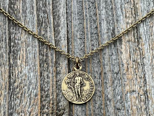Antiqued Gold Saint Sebastian Medal Necklace, Patron Saint Athletes Soldiers, Antique Replica of Rare French St Sebastien Medallion Pendant