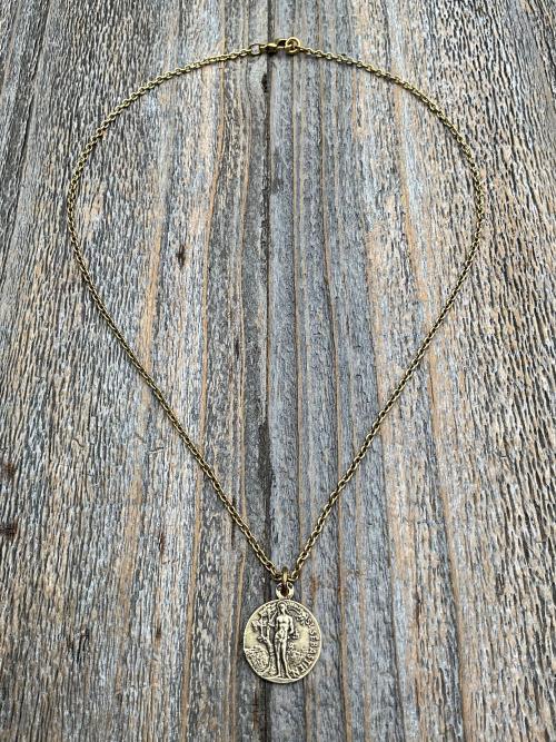 Antiqued Gold Saint Sebastian Medal Necklace, Patron Saint Athletes Soldiers, Antique Replica of Rare French St Sebastien Medallion Pendant