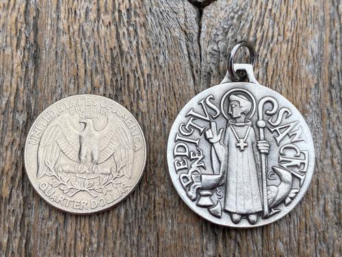 Sterling Silver Large French St Benedict Medal Pendant Necklace, Antique Replica of Artist JB Medallion, Big Holy Father Saint Benedicti
