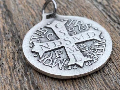 Sterling Silver Large French St Benedict Medal Pendant Necklace, Antique Replica of Artist JB Medallion, Big Holy Father Saint Benedicti