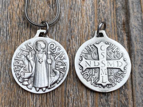 Sterling Silver Large French St Benedict Medal Pendant Necklace, Antique Replica of Artist JB Medallion, Big Holy Father Saint Benedicti