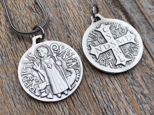 Sterling Silver Large French St Benedict Medal Pendant Necklace, Antique Replica of Artist JB Medallion, Big Holy Father Saint Benedicti
