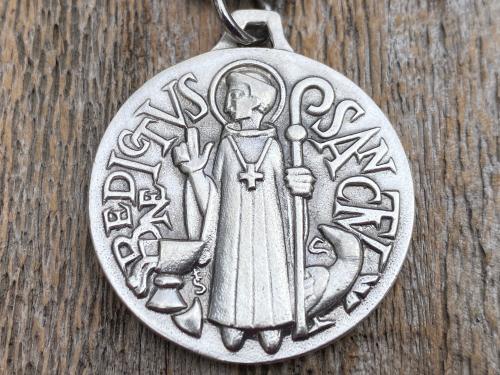 Sterling Silver Large French St Benedict Medal Pendant Necklace, Antique Replica of Artist JB Medallion, Big Holy Father Saint Benedicti