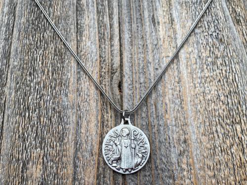 Sterling Silver Large French St Benedict Medal Pendant Necklace, Antique Replica of Artist JB Medallion, Big Holy Father Saint Benedicti