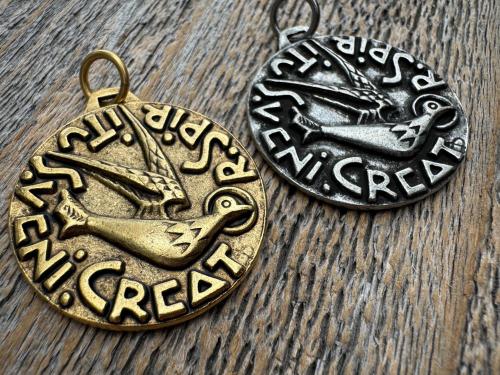 Large Come Holy Spirit Pendant, Antique Replica of Latin Veni Creator Spiritus Medallion, Come Creator Spirit, Holy Ghost Dove Round Medal