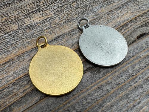 Large Come Holy Spirit Pendant, Antique Replica of Latin Veni Creator Spiritus Medallion, Come Creator Spirit, Holy Ghost Dove Round Medal