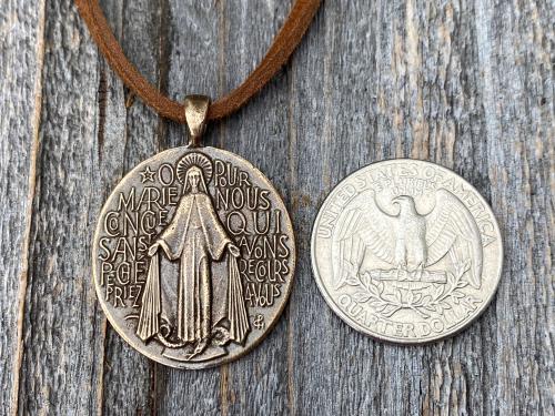 Bronze Large French Miraculous Medal Pendant, Antique Replica, Immaculate Conception Necklace, Our Lady of Miracles Medallion, MM1