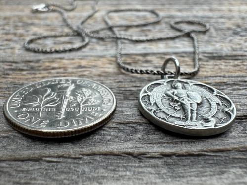 Small Antiqued or Shiny Sterling Silver St Michael Medal, Antique Replica of Rare French Medallion, Saint Michael the Archangel Pendant