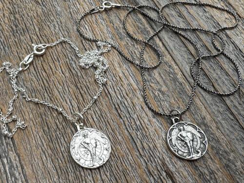 Small Antiqued or Shiny Sterling Silver St Michael Medal, Antique Replica of Rare French Medallion, Saint Michael the Archangel Pendant