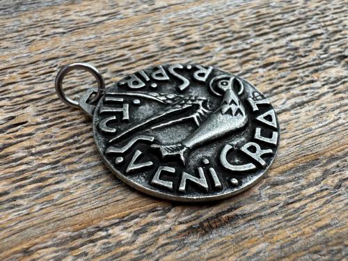 Large Come Holy Spirit Pendant, Antique Replica of Latin Veni Creator Spiritus Medallion, Come Creator Spirit, Holy Ghost Dove Round Medal