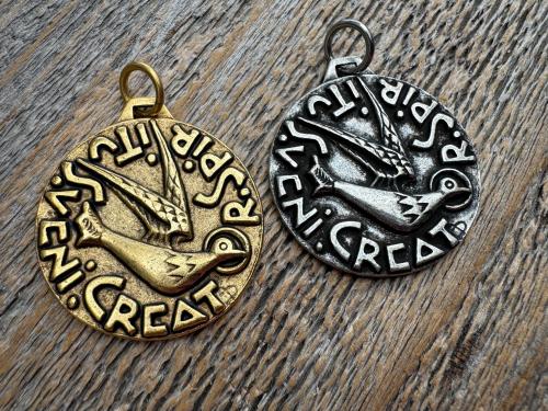 Large Come Holy Spirit Pendant, Antique Replica of Latin Veni Creator Spiritus Medallion, Come Creator Spirit, Holy Ghost Dove Round Medal
