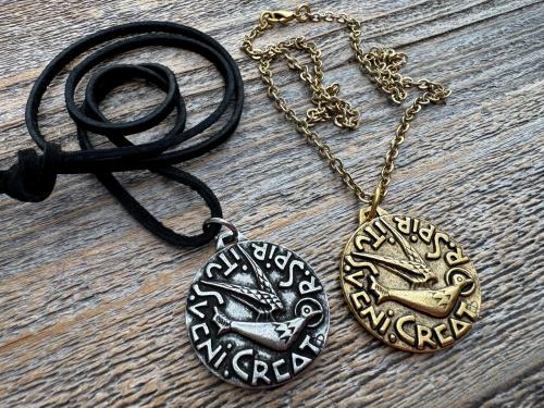 Large Come Holy Spirit Pendant, Antique Replica of Latin Veni Creator Spiritus Medallion, Come Creator Spirit, Holy Ghost Dove Round Medal