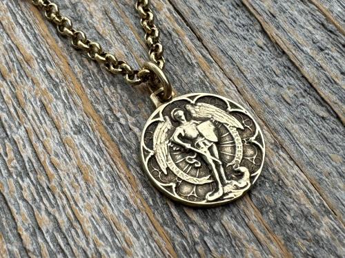 Small Antiqued or Shiny Gold Bronze St Michael Medal, Antique Replica of Rare French Medallion, Smaller Saint Michael the Archangel Pendant