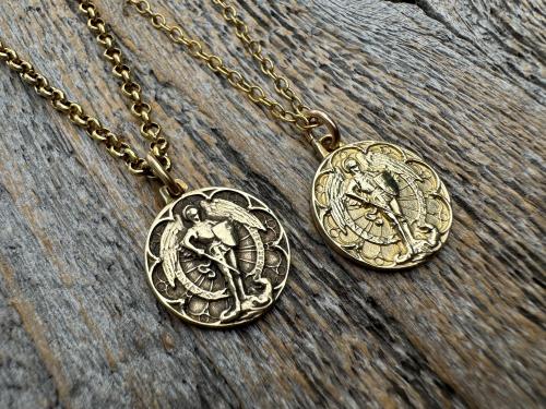 Small Antiqued or Shiny Gold Bronze St Michael Medal, Antique Replica of Rare French Medallion, Smaller Saint Michael the Archangel Pendant