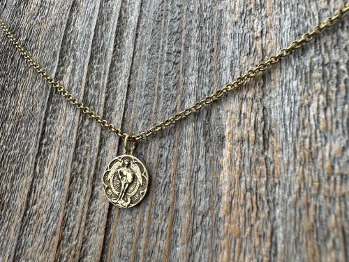 Small Antiqued or Shiny Gold Bronze St Michael Medal, Antique Replica of Rare French Medallion, Smaller Saint Michael the Archangel Pendant