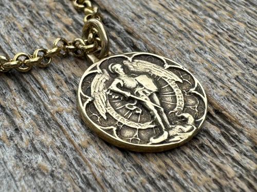 Small Antiqued or Shiny Gold Bronze St Michael Medal, Antique Replica of Rare French Medallion, Smaller Saint Michael the Archangel Pendant