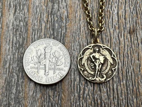 Small Antiqued or Shiny Gold Bronze St Michael Medal, Antique Replica of Rare French Medallion, Smaller Saint Michael the Archangel Pendant