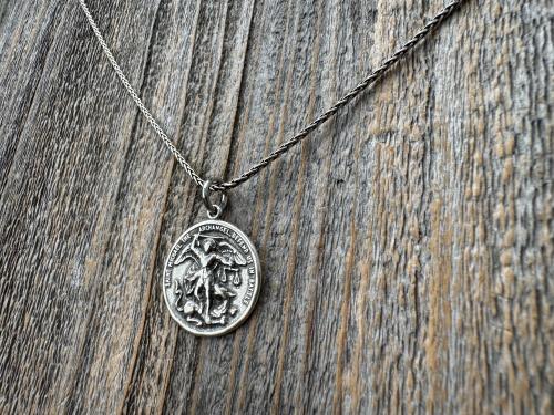 Large Sterling Silver St Michael Medal, Reverses to St Christopher, Antique Replica Medallion, Antiqued Saint Michael the Archangel Pendant