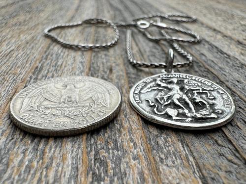 Large Sterling Silver St Michael Medal, Reverses to St Christopher, Antique Replica Medallion, Antiqued Saint Michael the Archangel Pendant